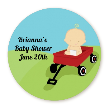  Little Red Wagon - Round Personalized Baby Shower Sticker Labels Caucasian