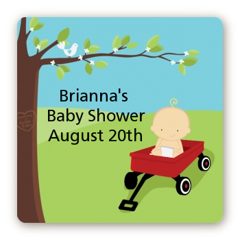  Little Red Wagon - Square Personalized Baby Shower Sticker Labels Caucasian