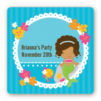 Mermaid African American - Square Personalized Birthday Party Sticker Labels