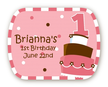 1st Birthday Topsy Turvy Pink Cake - Personalized Birthday Party Rounded Corner Stickers