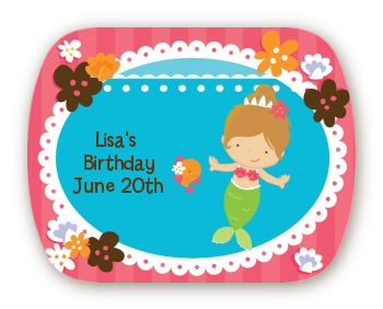 Mermaid Brown Hair - Personalized Birthday Party Rounded Corner Stickers