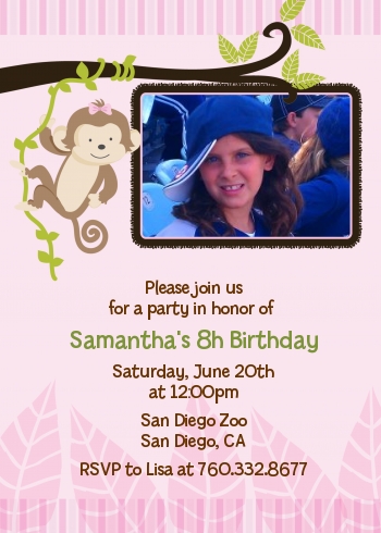 Monkey Girl - Photo Birthday Party Invitations