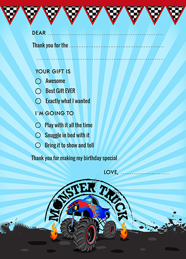 Monster Truck - Birthday Party Fill In Thank You Cards