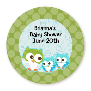  Owl - Look Whooo's Having Twin Boys - Round Personalized Baby Shower Sticker Labels 