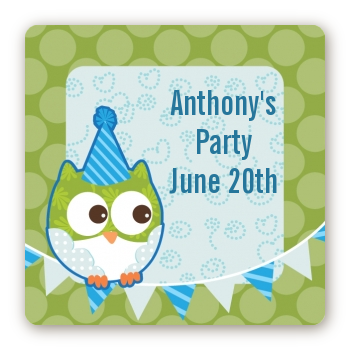 Owl Birthday Boy - Square Personalized Birthday Party Sticker Labels