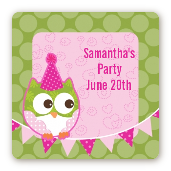 Owl Birthday Girl - Square Personalized Birthday Party Sticker Labels