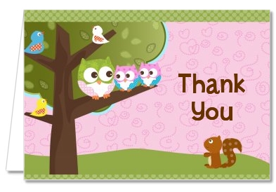 Owl - Look Whooo's Having Twin Girls - Baby Shower Thank You Cards