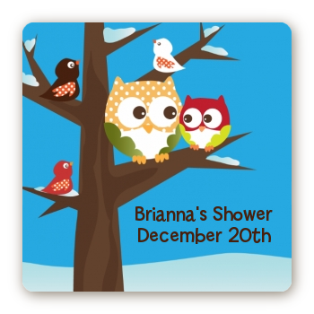 Owl - Winter Theme or Christmas - Square Personalized Baby Shower Sticker Labels