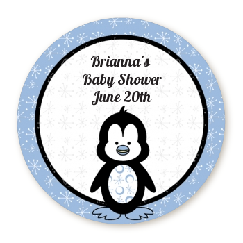  Penguin Blue - Round Personalized Baby Shower Sticker Labels 