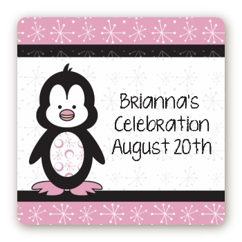 Penguin Pink - Square Personalized Birthday Party Sticker Labels