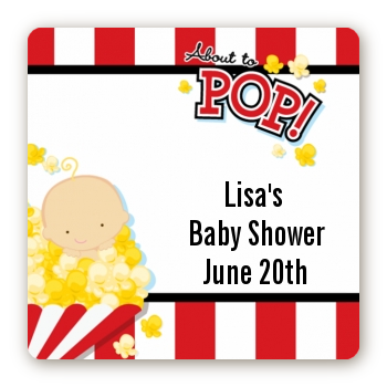  About To Pop &reg; - Square Personalized Baby Shower Sticker Labels Caucasian