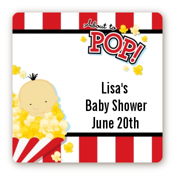  About To Pop &reg; - Square Personalized Baby Shower Sticker Labels Caucasian