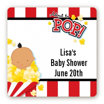  About To Pop &reg; - Square Personalized Baby Shower Sticker Labels Caucasian