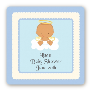 Angel in the Cloud Boy Hispanic - Square Personalized Baby Shower Sticker Labels