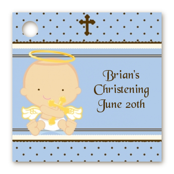 Angel Baby Boy Caucasian - Personalized Baptism / Christening Card Stock Favor Tags
