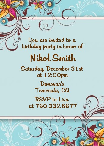 Aqua & Brown Floral - Birthday Party Invitations