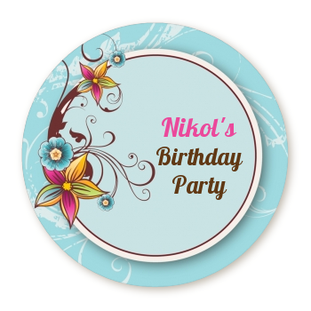  Aqua & Brown Floral - Round Personalized Birthday Party Sticker Labels 