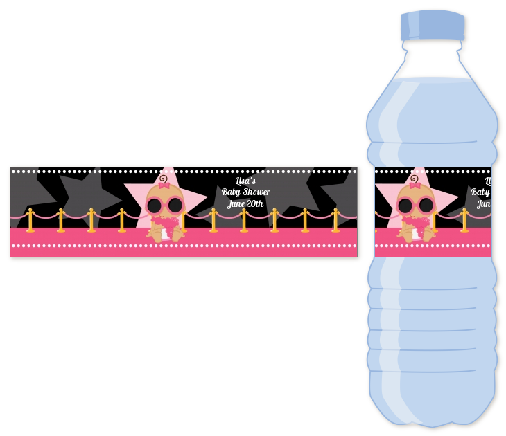  A Star Is Born Hollywood Black|Pink - Personalized Baby Shower Water Bottle Labels Caucasian Girl
