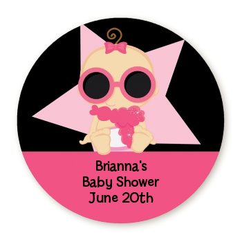  A Star Is Born!® Hollywood Black|Pink - Round Personalized Baby Shower Sticker Labels Blonde Hair