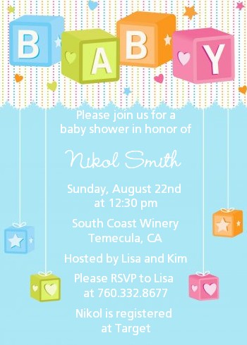Baby Blocks Blue - Baby Shower Invitations