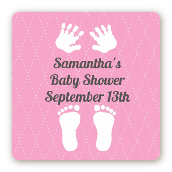 Baby Feet Pitter Patter Pink - Square Personalized Baby Shower Sticker Labels