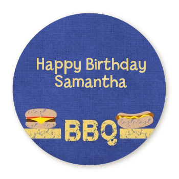  BBQ Hotdogs and Hamburgers - Round Personalized Birthday Party Sticker Labels 