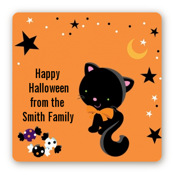 Black Cat - Square Personalized Halloween Sticker Labels