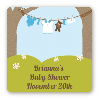 Clothesline It's A Boy - Square Personalized Baby Shower Sticker Labels