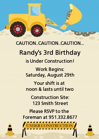 Construction Truck - Birthday Party Invitations
