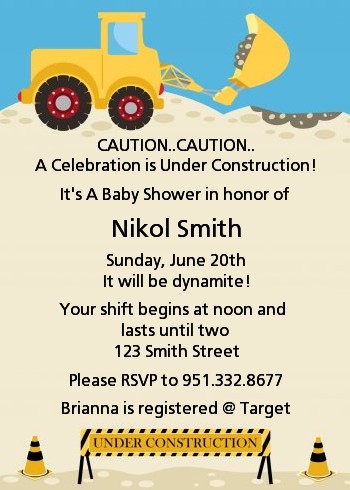 Construction Truck - Baby Shower Invitations