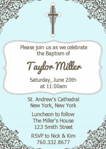 Cross Blue & Brown - Baptism / Christening Invitations