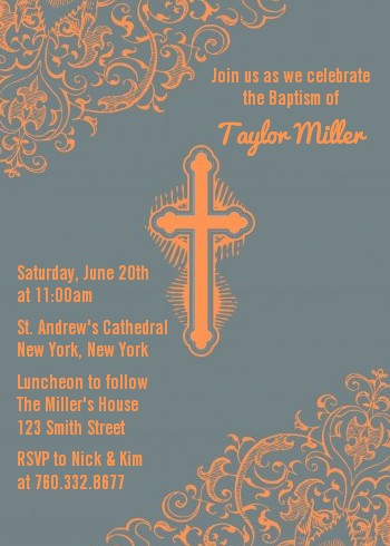 Cross Grey & Orange - Baptism / Christening Invitations