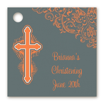Cross Grey & Orange - Personalized Baptism / Christening Card Stock Favor Tags