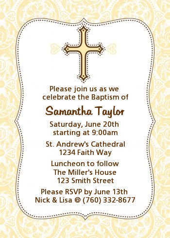 Cross Yellow & Brown - Baptism / Christening Invitations