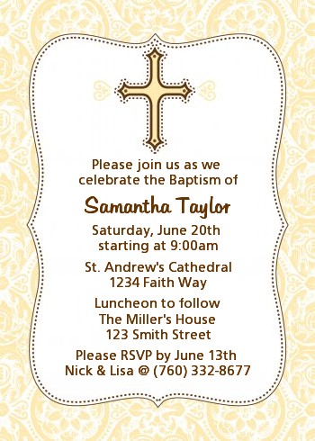 Cross Yellow & Brown - Baptism / Christening Invitations