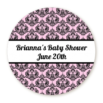  Damask - Round Personalized Baby Shower Sticker Labels White / Black