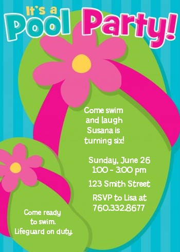 Flip Flops Girl Pool Party - Birthday Party Invitations