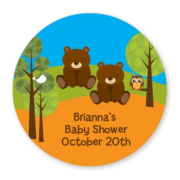  Forest Animals Twin Bears - Round Personalized Baby Shower Sticker Labels 