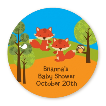  Forest Animals Twin Foxes - Round Personalized Baby Shower Sticker Labels 