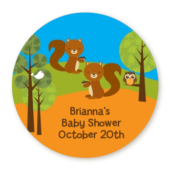 Forest Animals Twin Squirels - Round Personalized Baby Shower Sticker Labels 