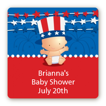 Fourth Of July Stars & Stripes - Square Personalized Baby Shower Sticker Labels