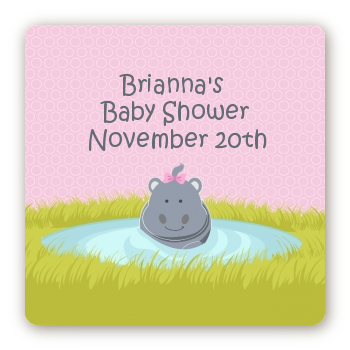 Hippopotamus Girl - Square Personalized Baby Shower Sticker Labels