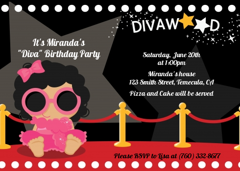  Hollywood Diva on the Red Carpet - Birthday Party Invitations Brown Hair