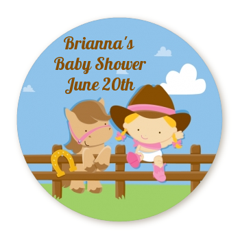  Little Cowgirl - Round Personalized Baby Shower Sticker Labels 