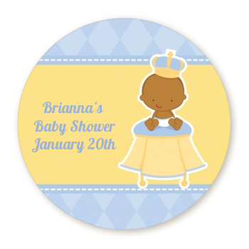  Little Prince African American - Round Personalized Baby Shower Sticker Labels 