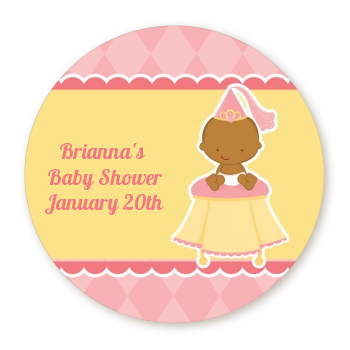  Little Princess African American - Round Personalized Baby Shower Sticker Labels 