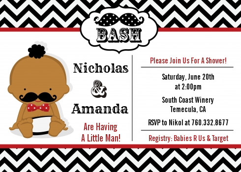  Little Man Mustache Black/Grey - Baby Shower Invitations Caucasian Black/Red