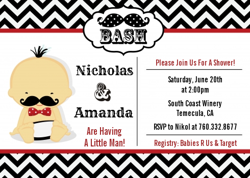  Little Man Mustache Black/Grey - Baby Shower Invitations Caucasian Black/Red