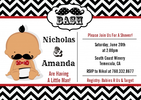  Little Man Mustache Black/Grey - Baby Shower Invitations Caucasian Black/Red