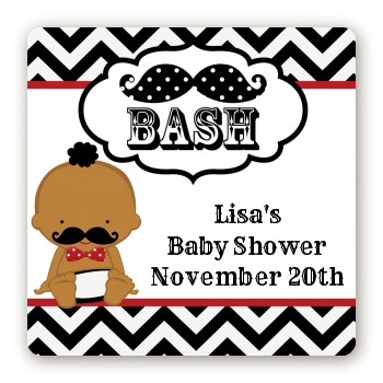  Little Man Mustache Black/Grey - Square Personalized Baby Shower Sticker Labels Caucasian